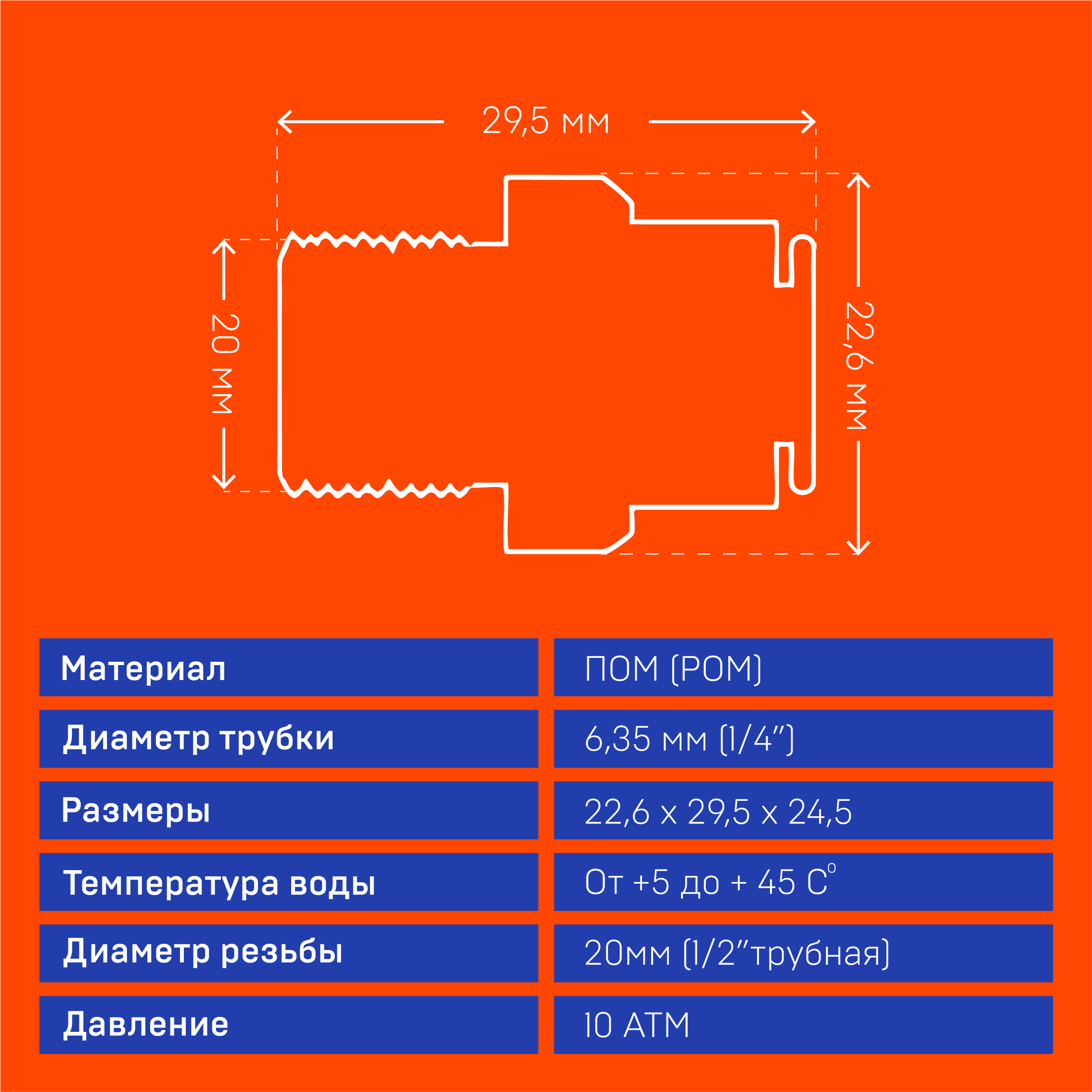 Фитинг прямой трубка 1/4" для фильтра, резьба наружная 1/2" трубная